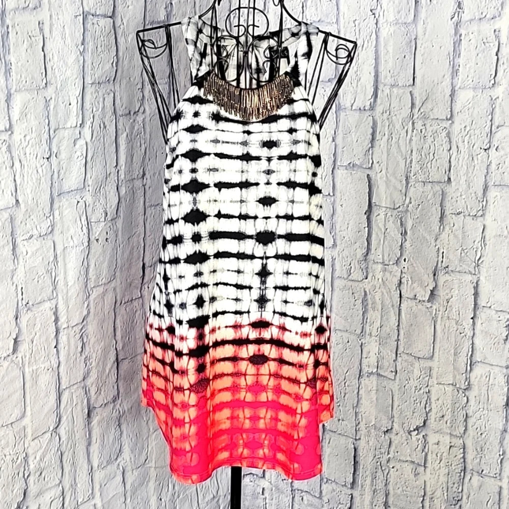 VENUS Long Dangling Beads Blue and Pink Tie Dye Sleeveless Blouse